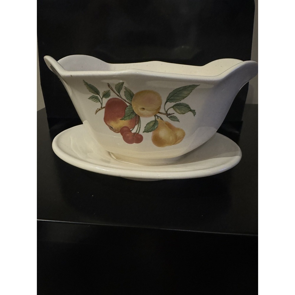 VTG Teleflora ~ Ceramic Gravy Boat/Planter attached under plate three fruit
